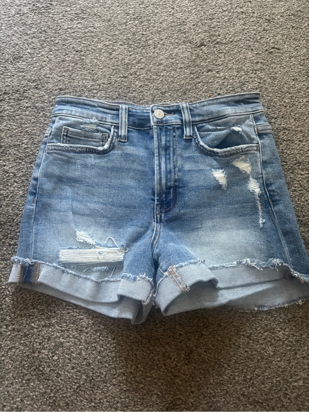 Women's Light Blue Distressed Denim Roll-Cuff Shorts